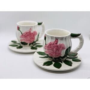Pacific Rim Rosebud Tea Cups and Saucers with Raised Rose Design - Set Of 2